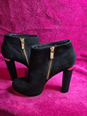 Michael Kors Black Suede High-Heel Ankle Boots with Gold Zipper